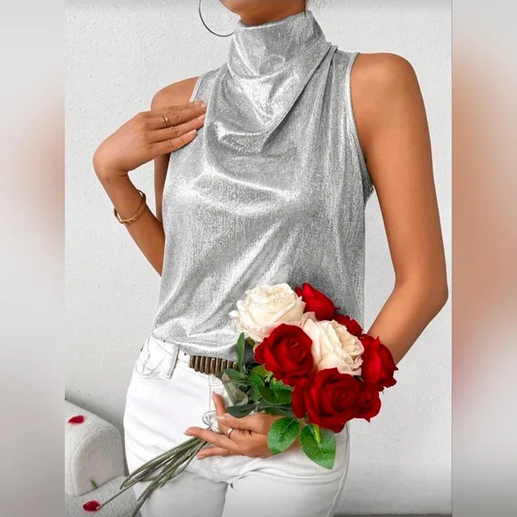 LUNE Metal-Tone Stand Collar Ruched Tank Top - Picture 3 of 6